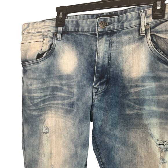 Smoke Rise Men's Distressed Slim Patch Wash Sz 42x32 Denim Jeans Ripped Knees - Picture 4 of 10